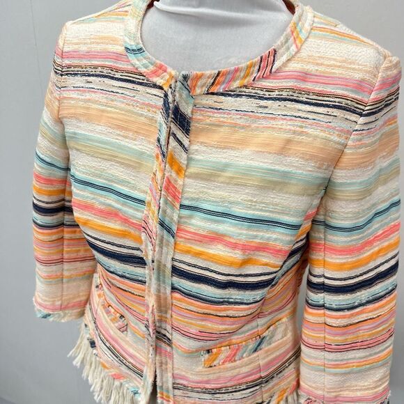 Trina Turk Women’s Size 6 Small Nani Stripe Woven Jacket Blazer Fringe Hem Neon - Picture 3 of 13